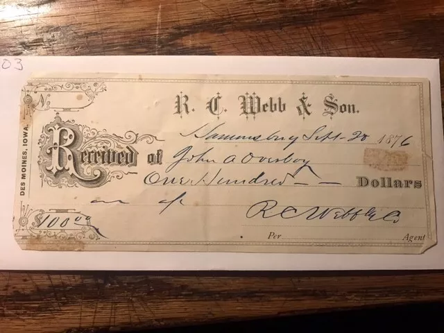 1876 Receipt R.C. Webb & Son Des Moines Iowa #17403