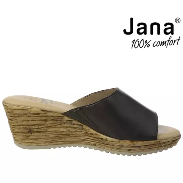 Jana Mules Sandals Shoes Size UK 7.5 Leather 100% Comfort Wedges Slip on - Black