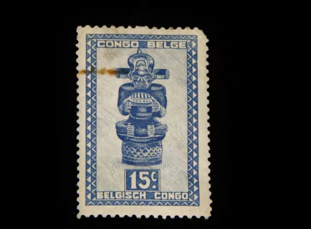 Vintage Stamp, 1948 BELGIAN CONGO, "Tshimanyi" Idol Carved Figure, MNH, Blue