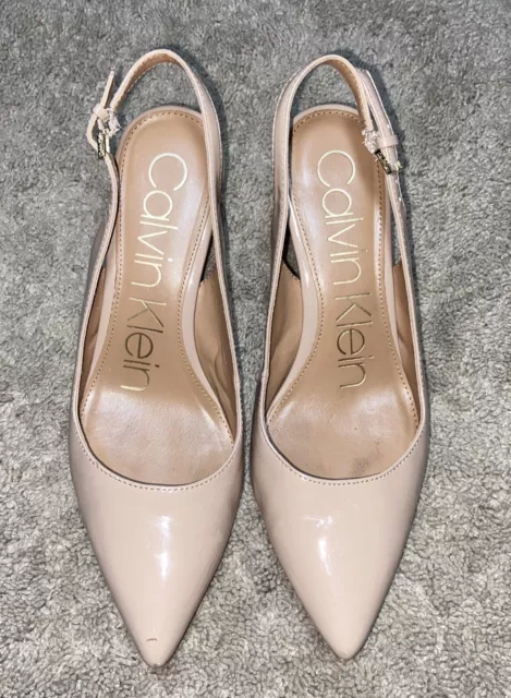 Calvin Klein Women's Patent Leather Pointed Toe High Heels Pumps Nude Size 8