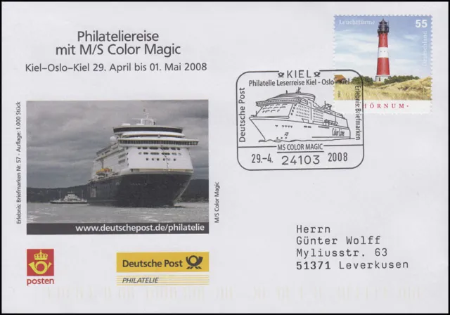 Philateliereise MS Color Magic Kiel-Oslo,Auflage 1000! SSt Kiel Schiff 29.4.2008