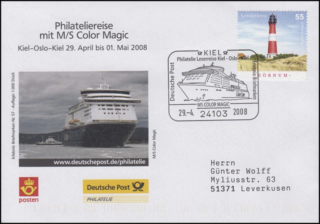 Philateliereise MS Color Magic Kiel-Oslo,Auflage 1000! SSt Kiel Schiff 29.4.2008