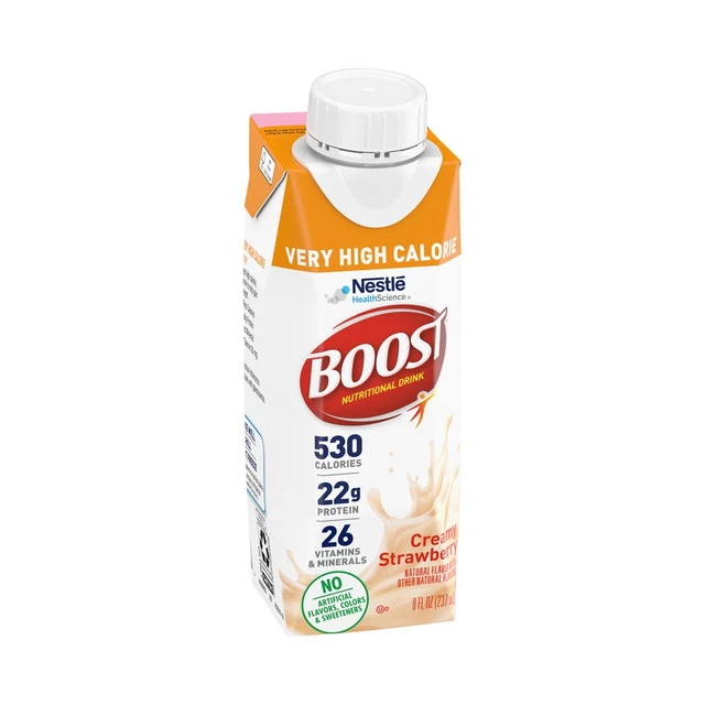 Bebida nutricional completa Boost muy alta en calorías fresa 8 oz cartón 24 quilates