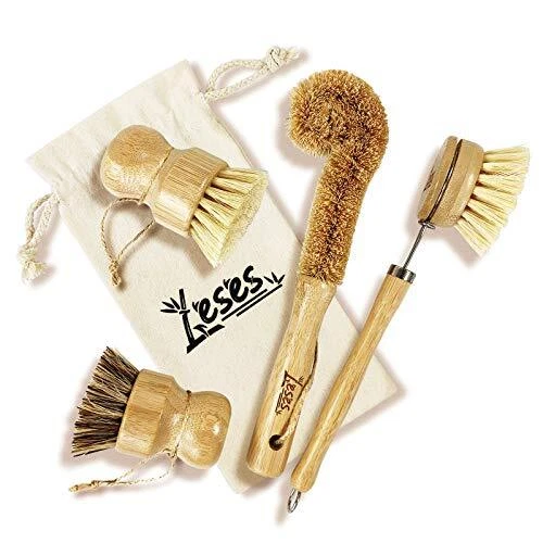 LESES Dish Brush Natural Bamboo Dish Scrub Brush Set with Handle 100% Plastic...