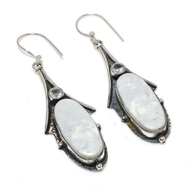 Maligano Jasper, White Topaz 925 Sterling Silver Jewelry Earring 2.84 " q668