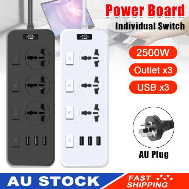 Power Board 3/4 Way Outlet Socket Charger USB 3 Port Charging Surge Protector