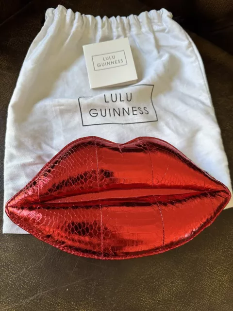 Lulu Guinness Padded Metallic Snakeskin Red Lips Clutch