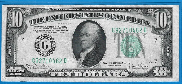 1934 D $10 Federal Reserve Note-FRN, G-Chicago,Green Seal,Circ Crisp VF,Nice!
