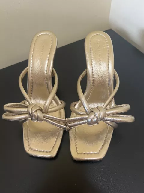 Loeffler Randall Gold Margi Bow Heel Mule Strappy Stiletto Sandal US Size 7.5