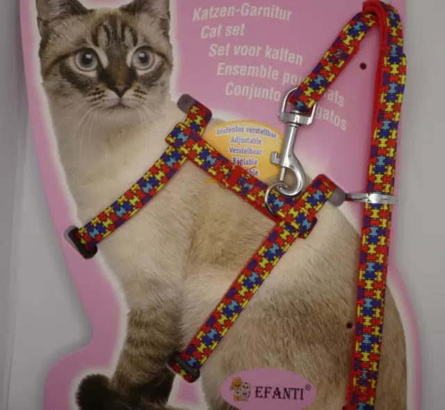 (H013) Cat Kitten Adjustable Harness & Lead Set Colourful Jigsaw Piece Pattern