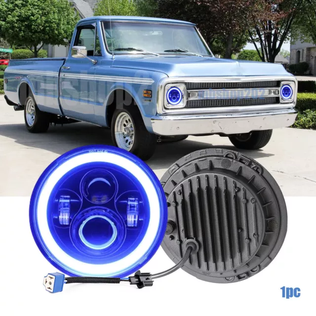 DOT 7 Inch Round LED Headlight Blue DRL HI-LO fit Chevy C10 Pickup Truck 1969-74