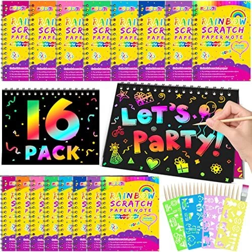 Scratch Art-Craft Notebook: 16 Pack Rainbow Scratch Party Favor Kid Paper