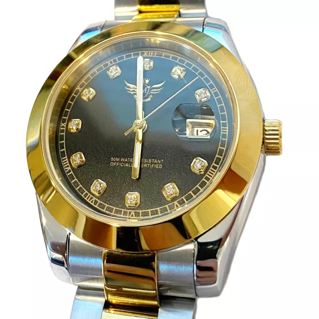 Men's Stainless Steel Watch Black Face Two Tone Gold Plated Automatic Mechanical