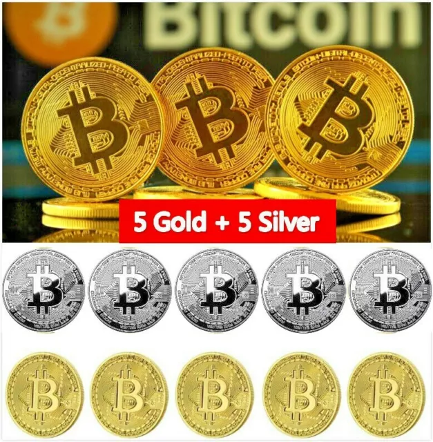 10 Pcs Bitcoin Coins Commemorative Collectors New Gold & Silver Plated Bit Coin