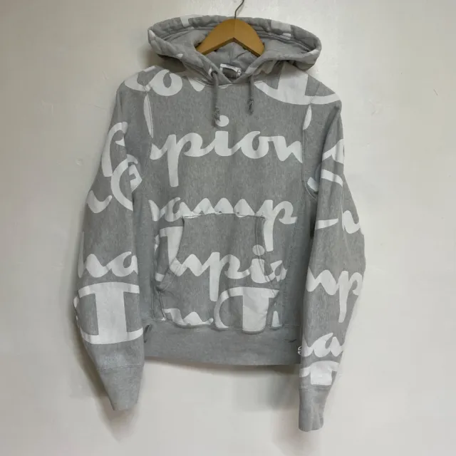 Champion Reverse Weave Hoodie Womens XS All Over Print Grey Sweatshirt Ladies