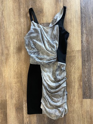 Helmut Lang Womens Silk Dress Size 4 Graphite Print Pleated Ruching Elegant