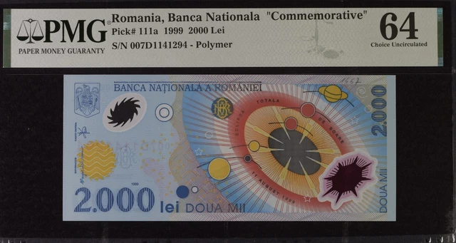 Romania 2000 Lei 1999 Eclipsa Polymer Pick 111a Choice Uncirculated PMG 64