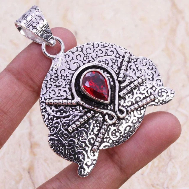 Garnet 925 Silver Plated Handmade Pendant of 2" Ethnic Gift