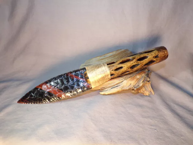 Large Triple Flow Obsidian Paleo Knife w Cholla Cactus Wood Handle COA