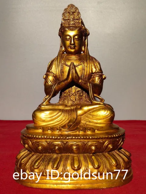 9.4“Old Chinese antique Exquisite bronze gilt Guanyin Bodhisattva Buddha statue