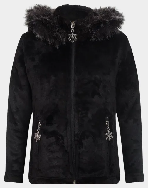 Girls Black Soft Fleece Long Jacket-Faux Fur Trim Hood-Warm Winter Coat-2-12 yrs