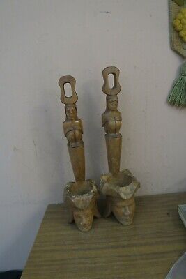 Set of 2 Vintage Carved Wood Igorot Wooden Philippines Figure Offering Bowl 19" 2