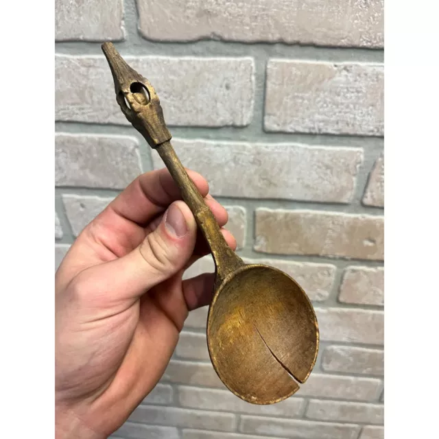 Antique Primitive 19th Century Swedish Ball in Cage Folk Art Wooden Spoon