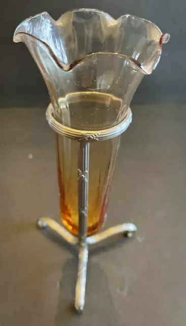 Vtg Fluted Glass Vase with Tripod Metal Stand Base Holder Ruffled Edge