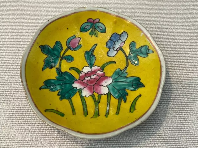 Antique Chinese Porcelain Famille Rose Yellow Export Sauce Bowl Dish, 6" Dia