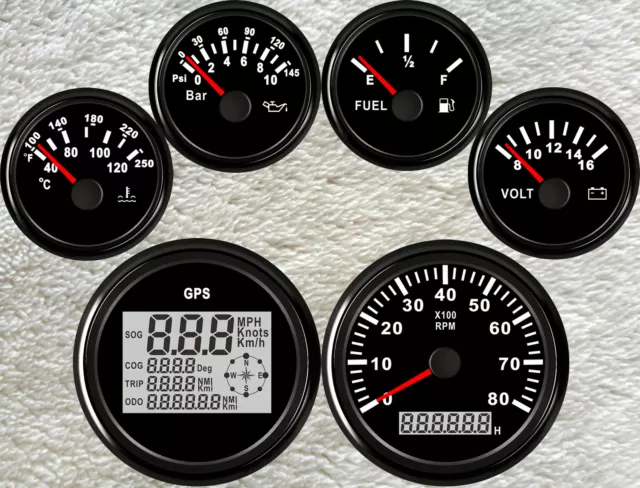 6 Gauge Set,85MM GPS Speedo,Tacho,Fuel Level, Water Temp,Volt,Oil Pressure Black