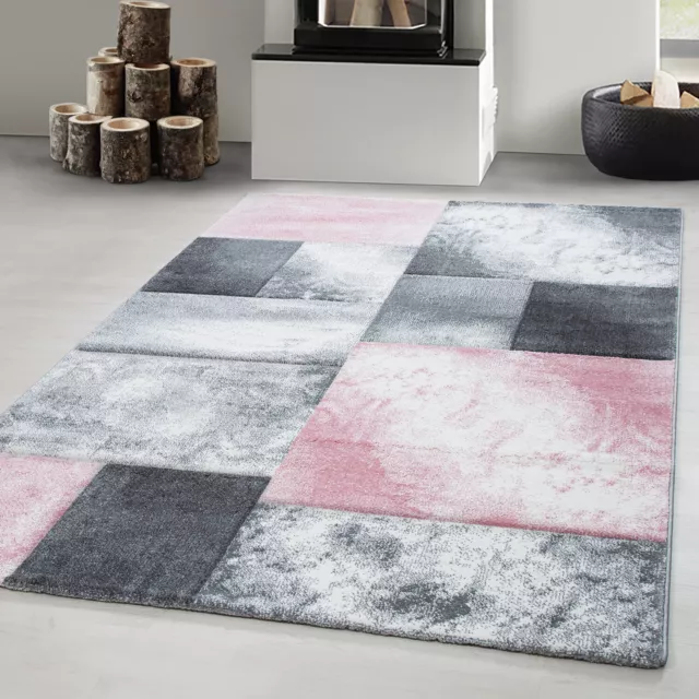 Wohnzimmer Teppich Kariert design, Pastell Rosa-Grau Modern Konturenschnitt