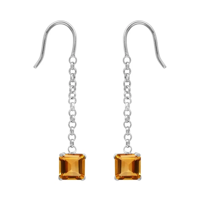 Drop & Dangle 10k White Gold Square Cut Natural Citrine Long Chain Earrings