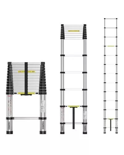 Telescoping Ladder 12.5ft,One Button Retraction Aluminum Telescope Ladder w/S...