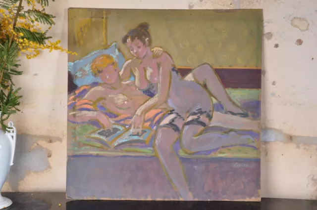 Robert Lepeltier Tableau ancien scène Érotique Woman Nude Curiosa Nu Féminin