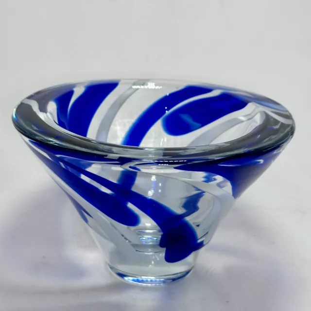 Art Glass Hand Blown Cobalt Blue with White Rockswirls Decorative Bowl Thick