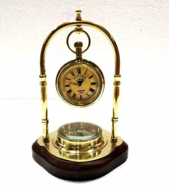 Antik Messing Kompass Stil Nautisch Schiff Holz Basis Schreibtisch Uhr Büro Deko