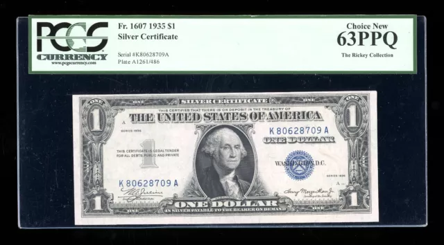 DBR 1935 $1 Silver Fr. 1607 KA Block PCGS 63 PPQ Serial K80628709A