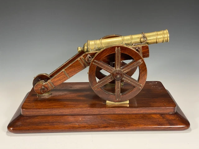 Large hand Crafted Carved Wood and Brass hardware Table top Decorative Cannon