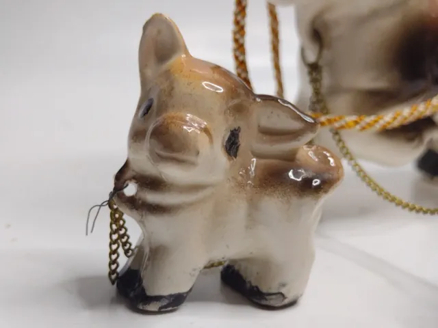 Vintage Donkey Figurines Fur Chain Babies Burro Mule Painted Ceramic MCM Japan 3