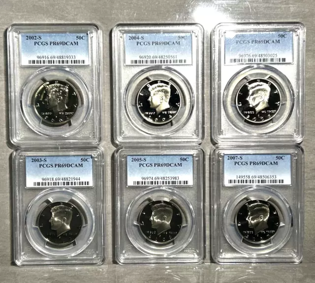 PCGS Coin Lot 🌟6 COINS🌟-2002-2007 S Kennedy Half Dollars - PR69DCAM
