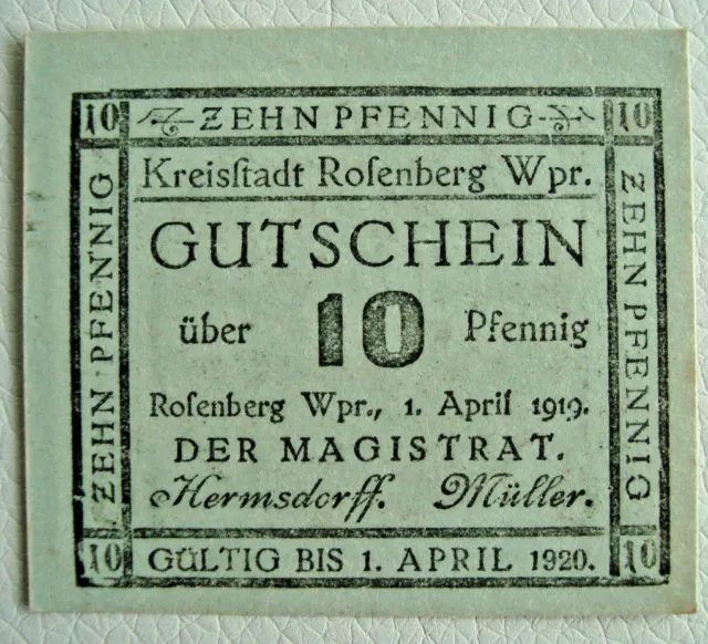 10 pfennigs d'argent d'urgence Kreisstadt Rosenberg-Prusse occidentale 1919 bon d'achat Allemagne (1934