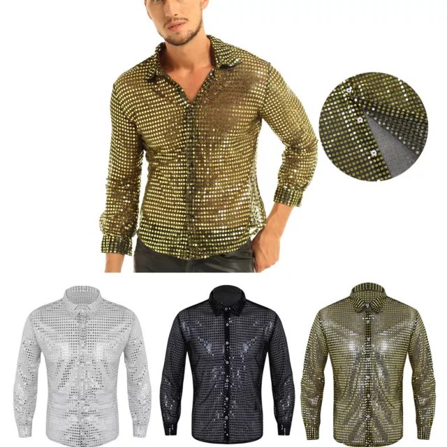 Mens Retro Disco Sequins Button Down Dress Shirt Shirt Party Clubwear T-Shirt 2