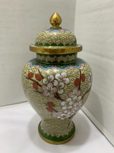 vtg cloisonne bulbous ginger jar with lid 6”