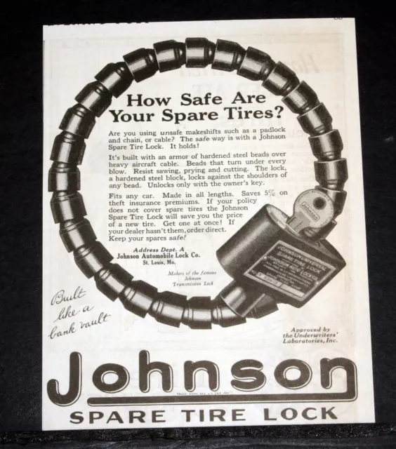 1923 Old Magazine Print Ad, Johnson Spare Tire Lock, How Safe Are Your Spares?