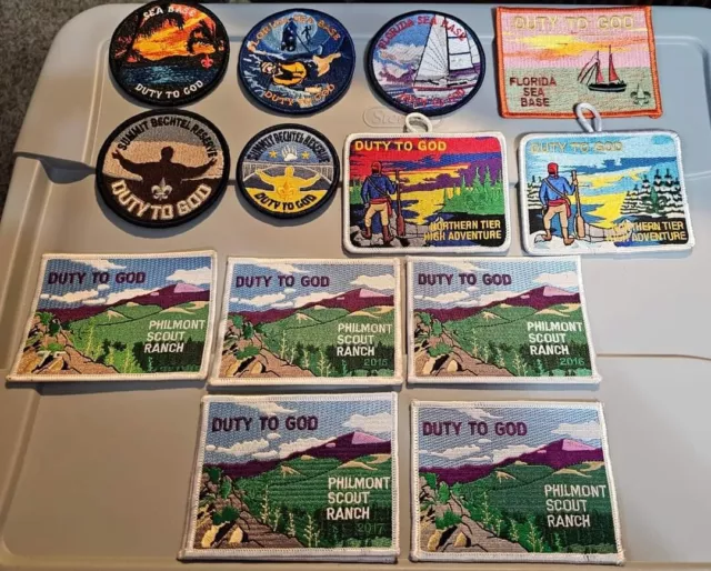 Boy Scout Patch Lot, Duty To God, Philmont, Sea Base. Summit, LNT, Jamboree Boy Scout Patch Lot, Duty To God, Philmont, Sea Base. Summit, LNT, Jamboree