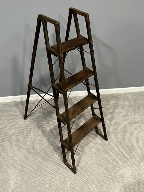 Antique Step Ladder Metal Frame RARE Early 1900’s Folding Library Bookcase