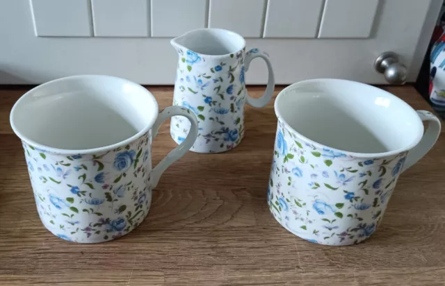 2 X Heron Cross Pottery Blue Chintz Mugs With Small Jug Staffordshire Cup Coffee