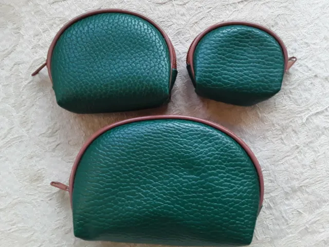 Deep Green Pebbled Faux Leather Zipper Pouches Set of 3 Nesting Bags Brown Trim