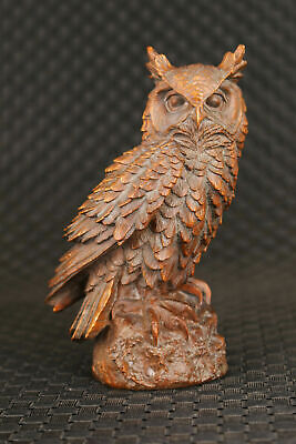 Rare Chinese old boxwood hand carving owl statue figure table decoration