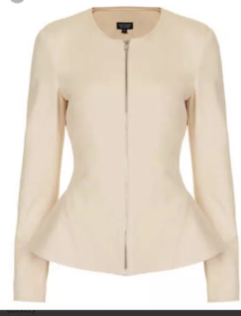 Topshop Uk Size 10 Pale Baby Pink Nude Peplum Fitted Jacket Zip Womens Stretchy